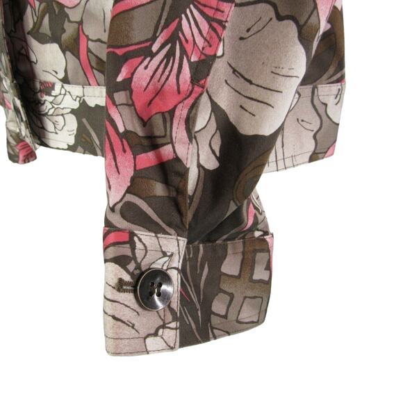 Chico's Size 1 Button Front Blouse Jacket Long Sleeve Taupe Coral Floral Motif - Picture 8 of 10